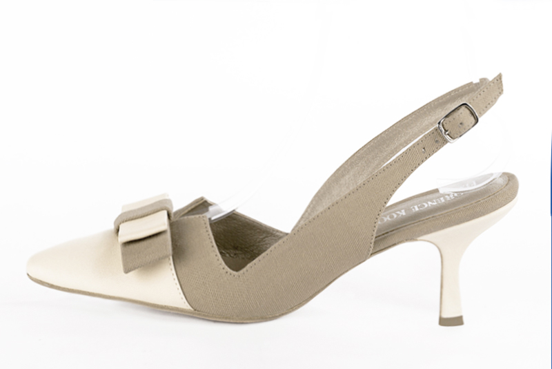 Off white and natural beige women's open back shoes, with a knot. Tapered toe. High spool heels. Profile view - Florence KOOIJMAN